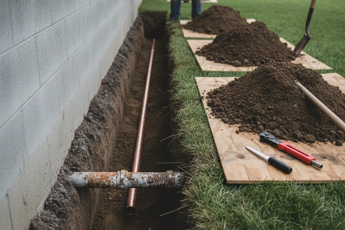 Excavated water line trench during Water Heater Repair in Maurepas